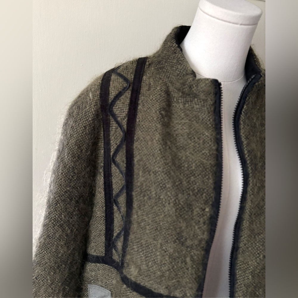 Vintage 80s Canadian Green Wool Mohair Artistic Bohemian Funky Appliqué Coat - Picture 2 of 12